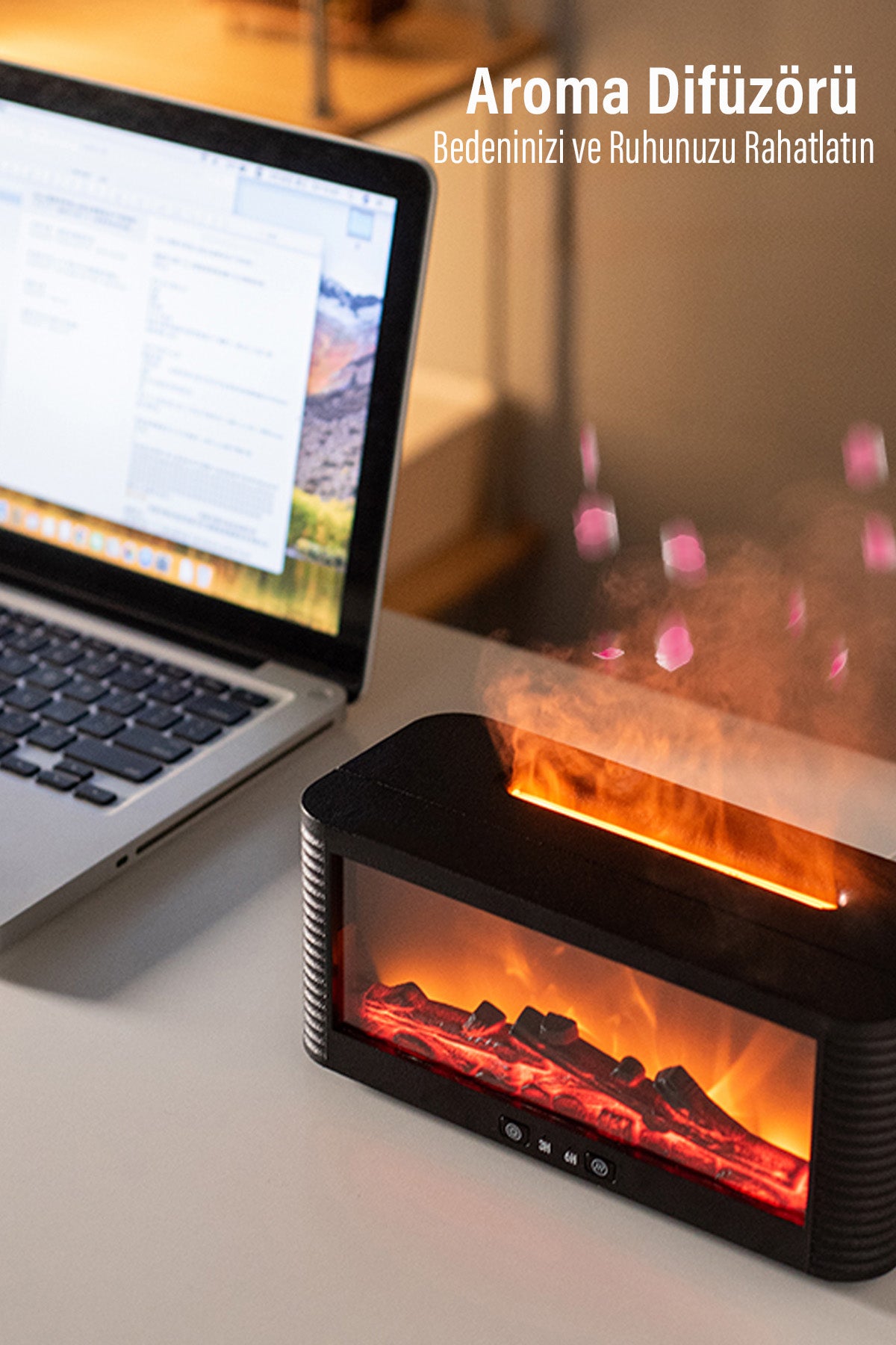 Ultrasonik Alev Efektli Şömine Görünümlü Hava Nemlendirici 3D Alev Aroma Difüzörü Buhar Makinesi