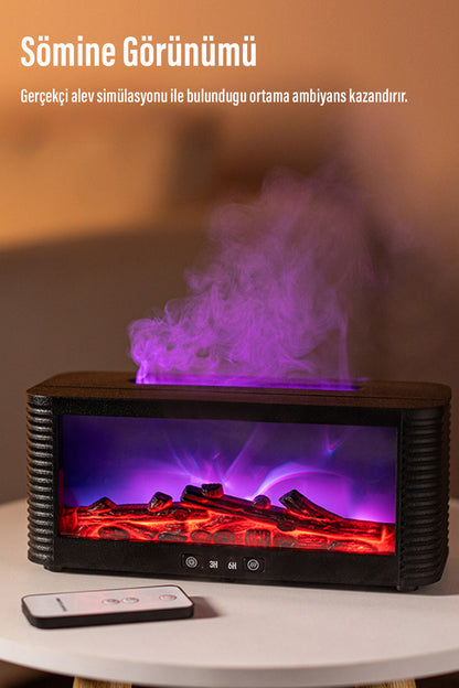 Ultrasonik Alev Efektli Şömine Görünümlü Hava Nemlendirici 3D Alev Aroma Difüzörü Buhar Makinesi