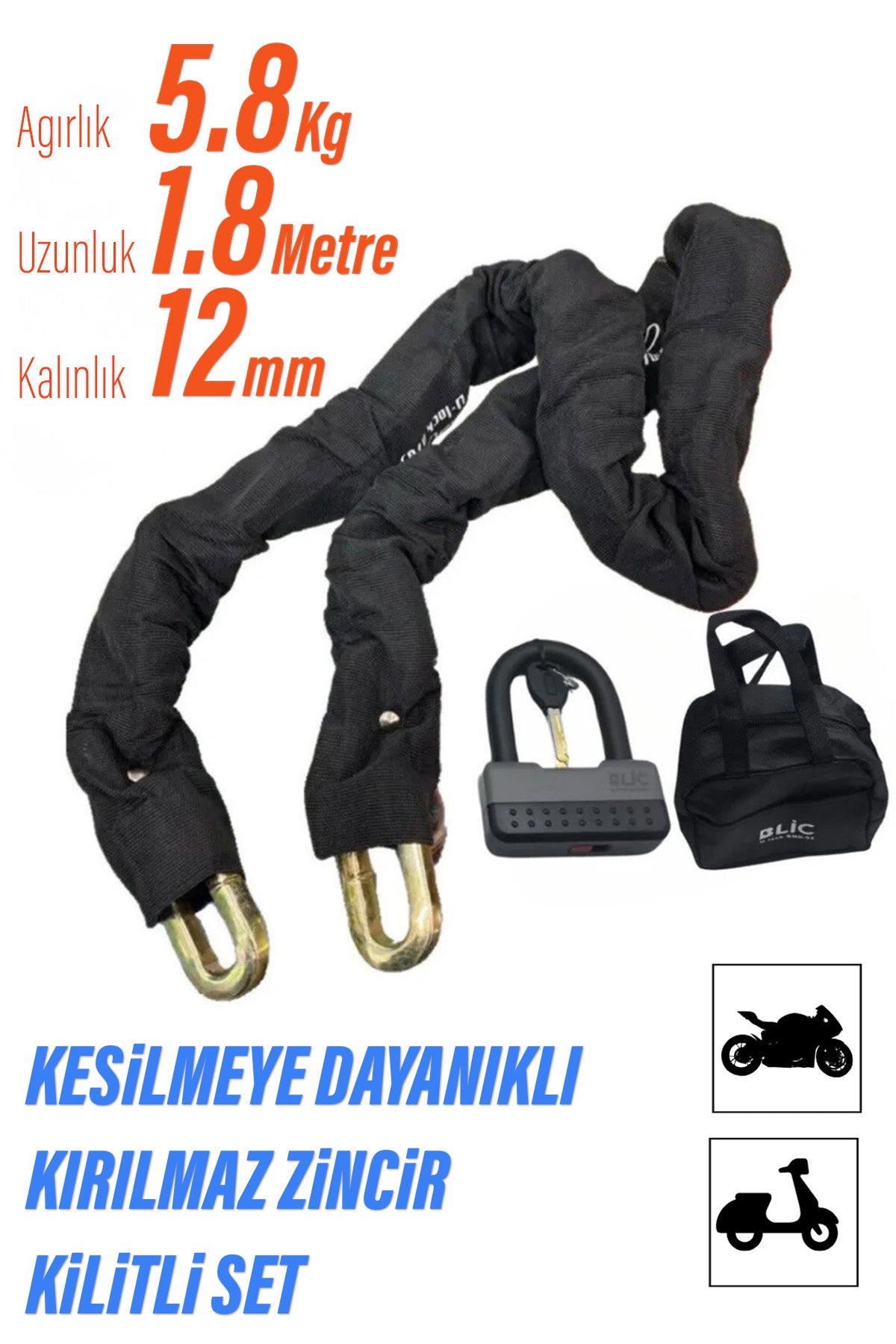 Motosiklet Scooter Motor Kilitli Zincir A3 Galvanizli Kilit ve Zincir Seti – 1,8 m