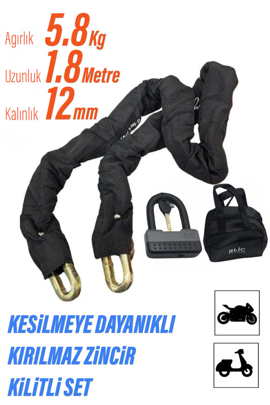 Motosiklet Scooter Motor Kilitli Zincir A3 Galvanizli Kilit ve Zincir Seti – 1,8 m