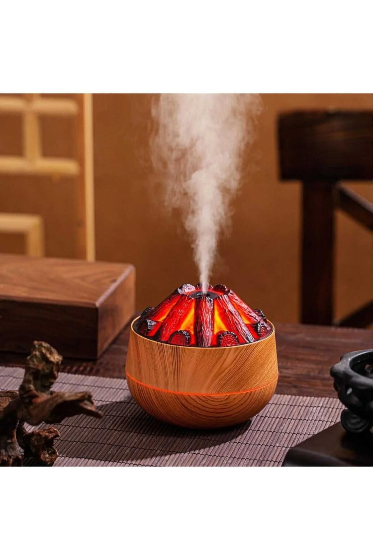Ahşap Odun Ateşi Tasarımlı Hava Nemlendirici-Buhar Makinası-Aroma Difüzörü Led Işık 300ML