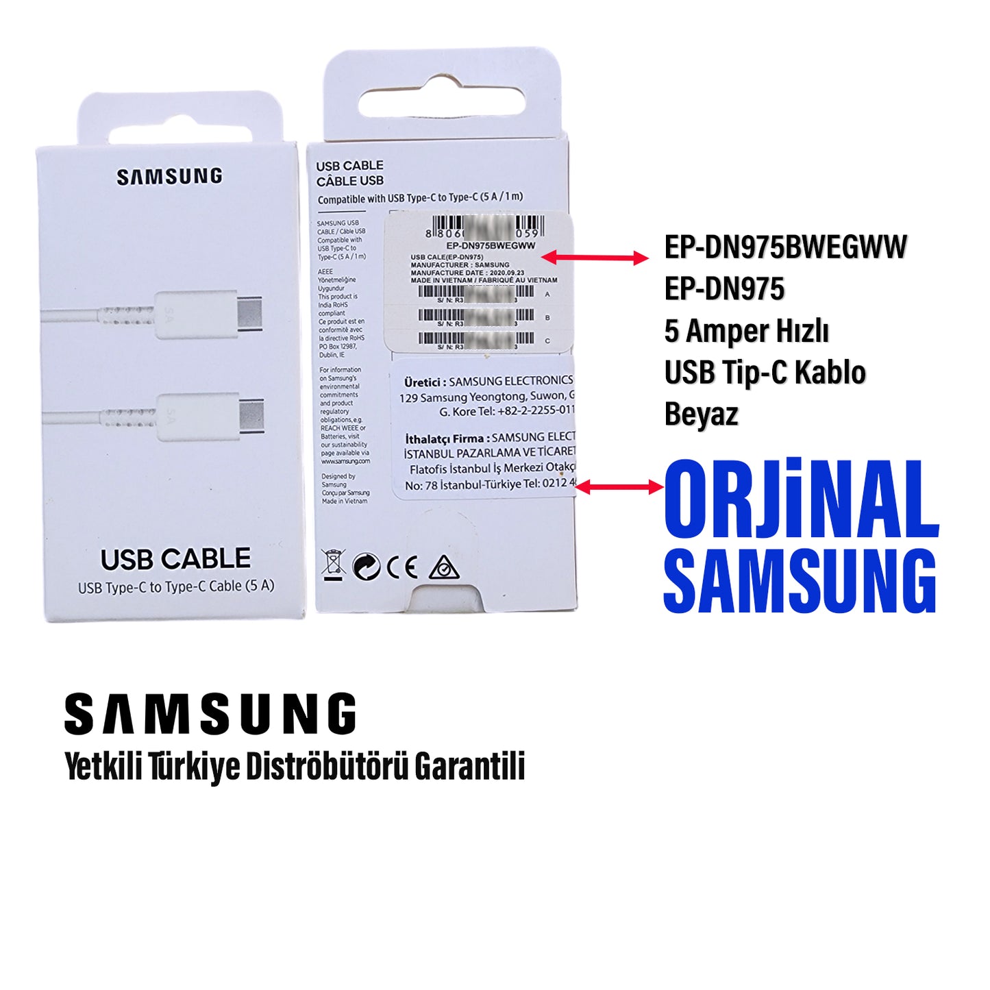 Samsung TYPE C Kablo 45W Hızlı Şarj Kablosu Samsung EP-DN975BWEGWW Orjinal