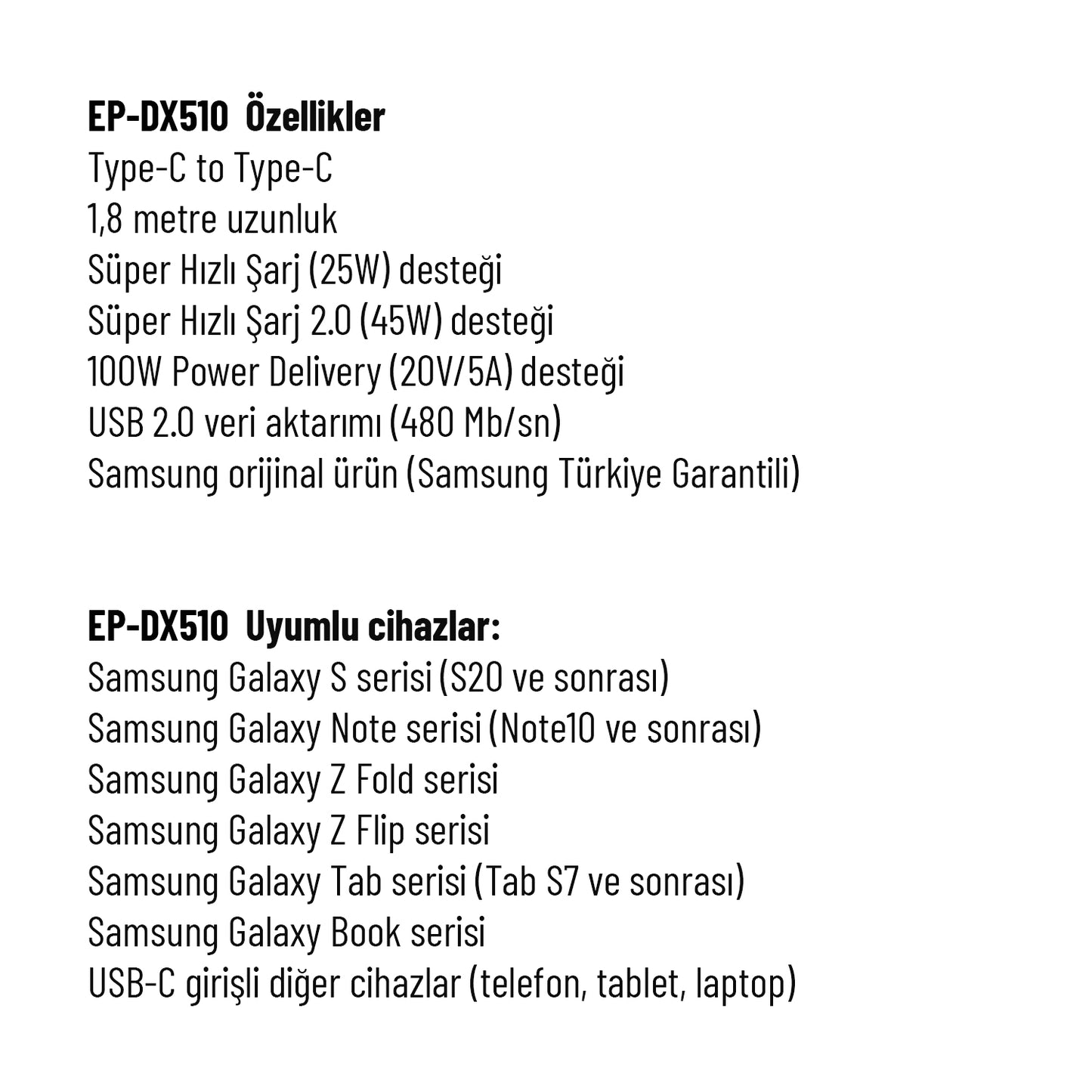 Samsung 45W DX510 Süper Hızlı Şarj Kablosu Orjinal Samsung Türkiye Garantili 1.8 Metre Uzun