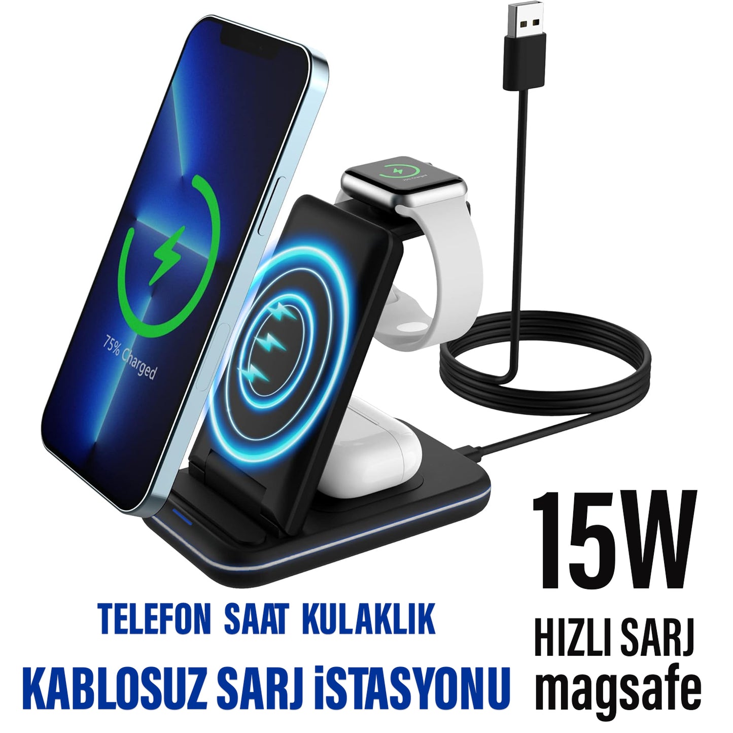 Kablosuz Şarj Aleti 15W Hızlı Şarj Stand 3 lü Telefon Kulaklık Saat Subzero QW44