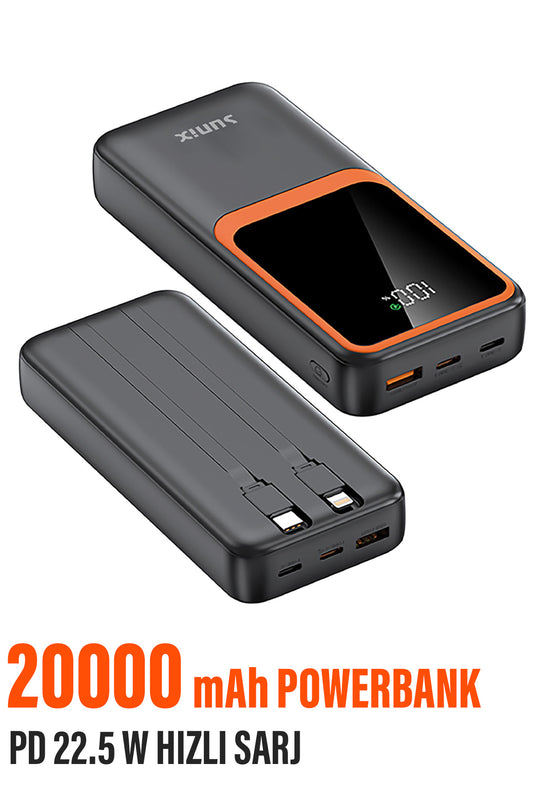 20.000 mAh Hızlı Şarj PD 22.5W Powerbank Lightning Type-C Çıkışlı Dijital Göstergeli Kendinden Kablo