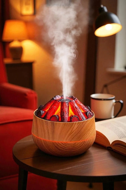 Ahşap Odun Ateşi Tasarımlı Hava Nemlendirici-Buhar Makinası-Aroma Difüzörü Led Işık 300ML