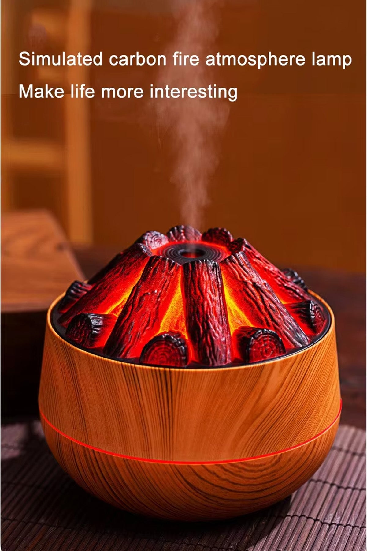 Ahşap Odun Ateşi Tasarımlı Hava Nemlendirici-Buhar Makinası-Aroma Difüzörü Led Işık 300ML