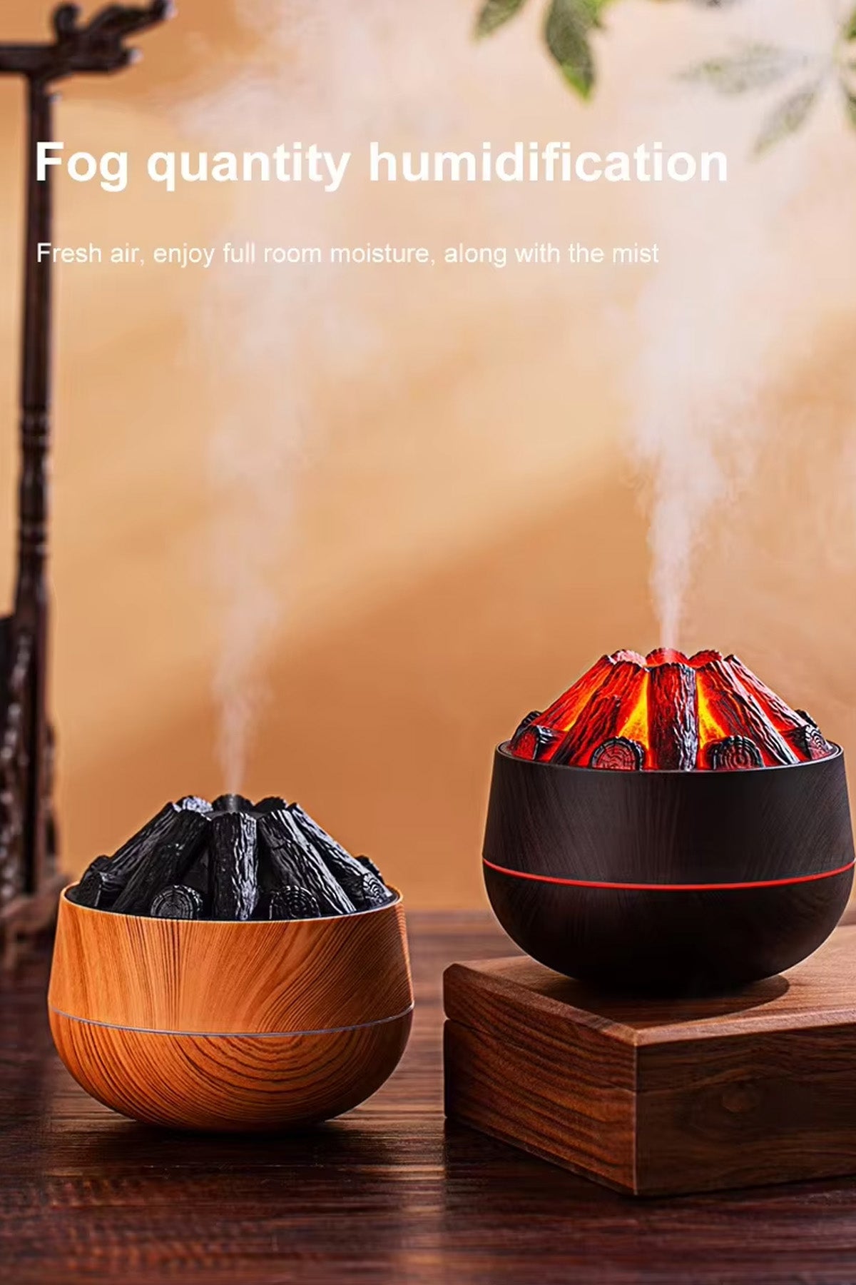 Ahşap Odun Ateşi Tasarımlı Hava Nemlendirici-Buhar Makinası-Aroma Difüzörü Led Işık 300ML