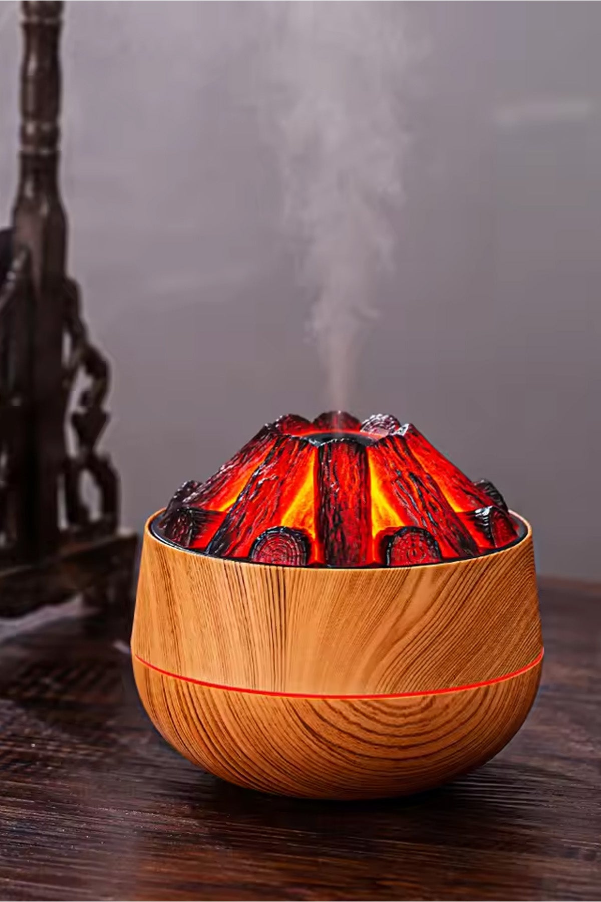 Ahşap Odun Ateşi Tasarımlı Hava Nemlendirici-Buhar Makinası-Aroma Difüzörü Led Işık 300ML