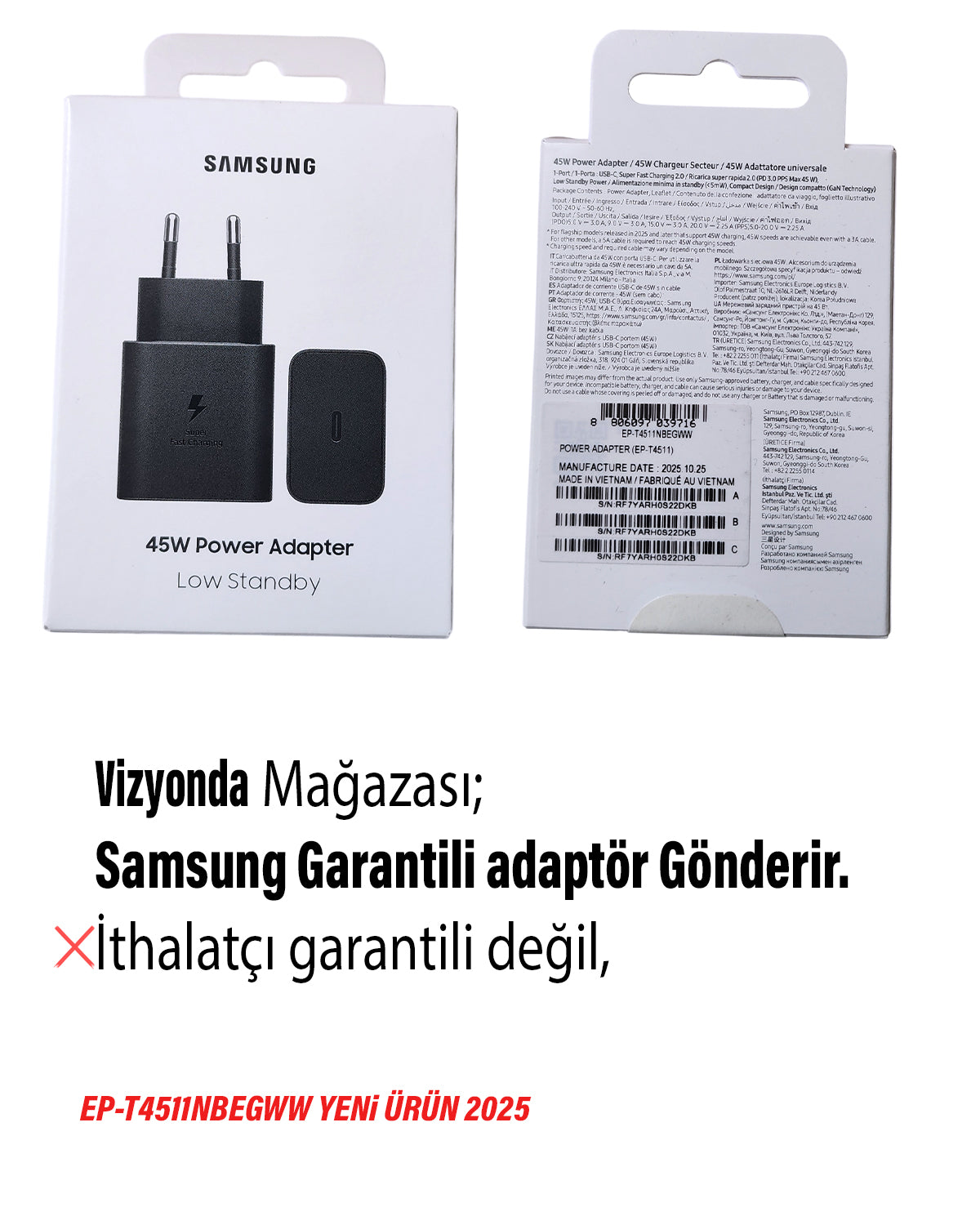 Samsung T4511N 45W Type C Süper Hızlı Şarj Adaptörü EP-T4511NBEGWW (Samsung Türkiye Garantili) T4511N