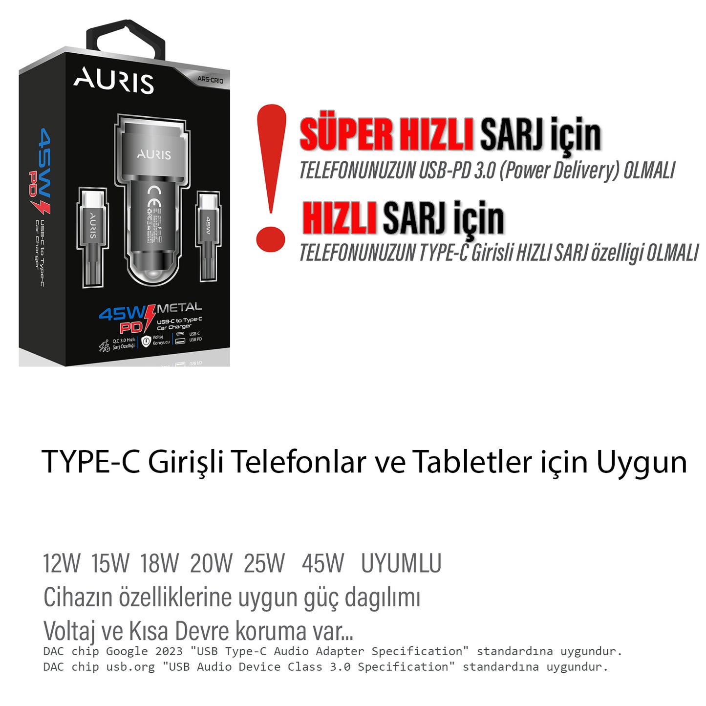 Araç Şarj Aleti Type C Telefonlar İçin 45W Süper Hızlı Araba Şarjı Cihazı ve Kablosu