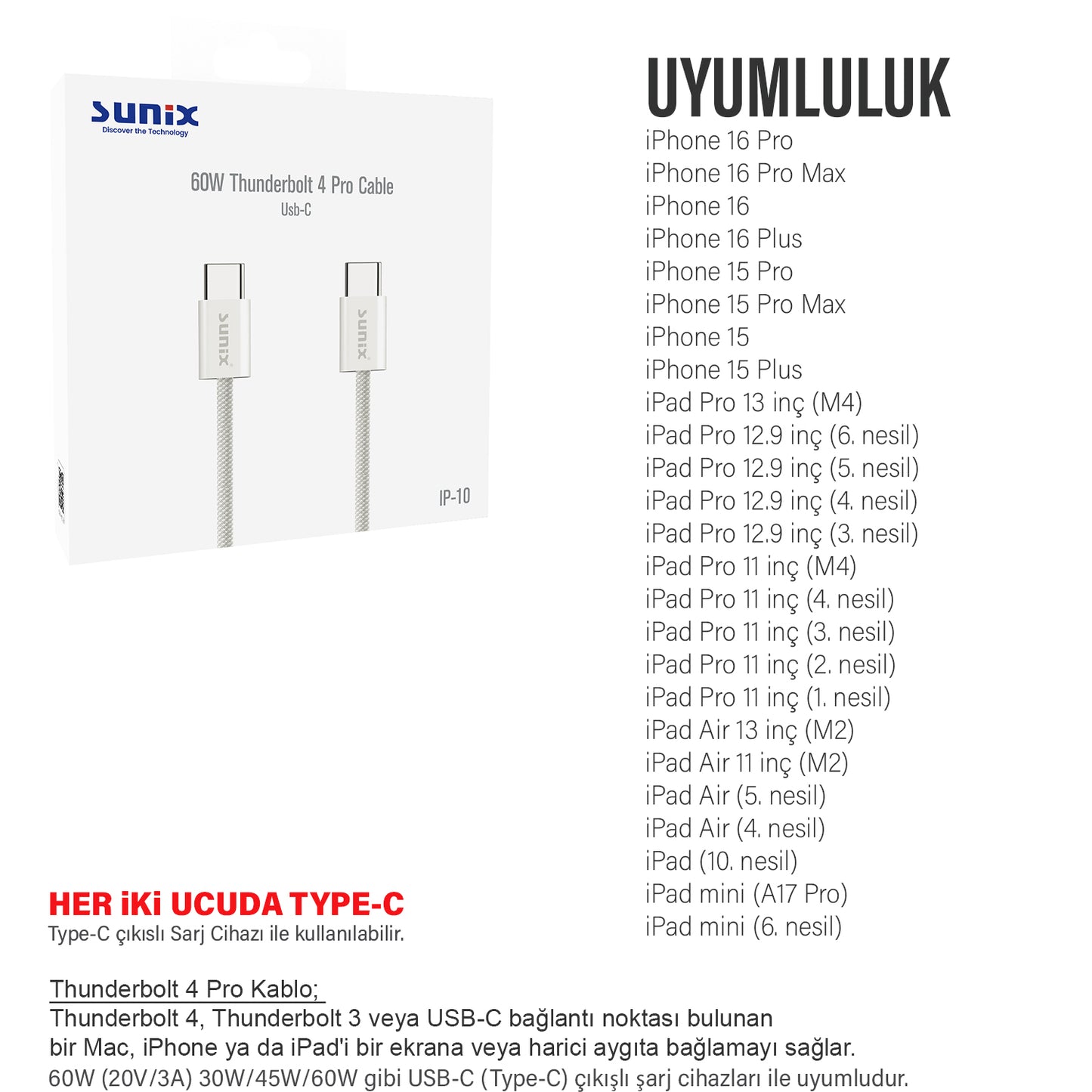 Type C Thunderbolt 4 Pro Kablo 60W Hızlı