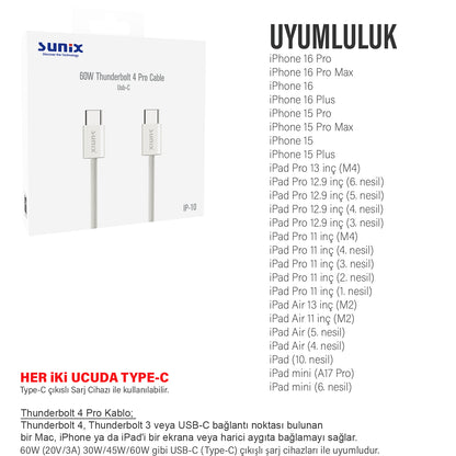 Type C Thunderbolt 4 Pro Kablo 60W Hızlı