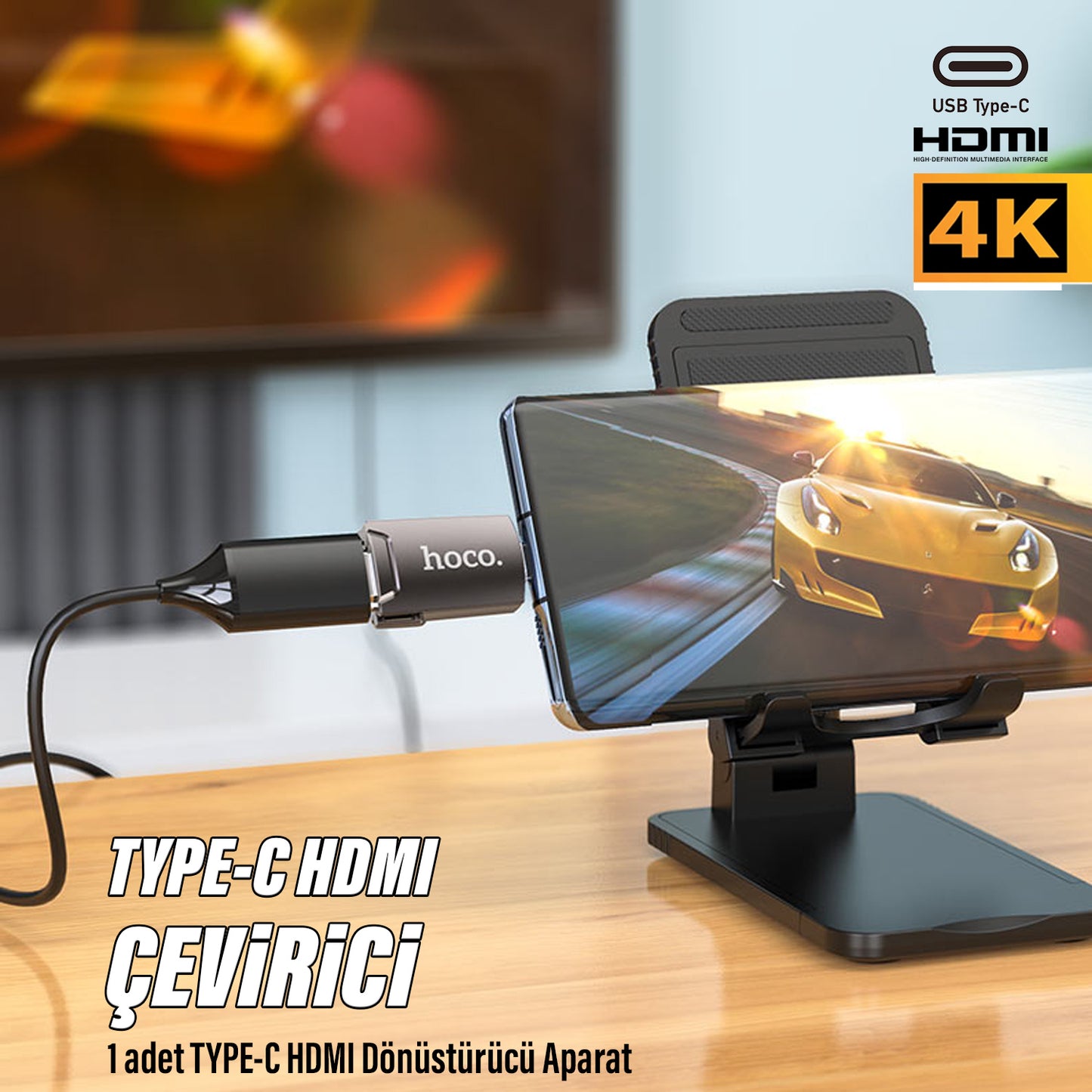 Type-C Hdmi Çevirici Dönüştürücü Görüntü Aktarımı Adaptör Telefon Tablet Uyumlu Hoco UA19 4K