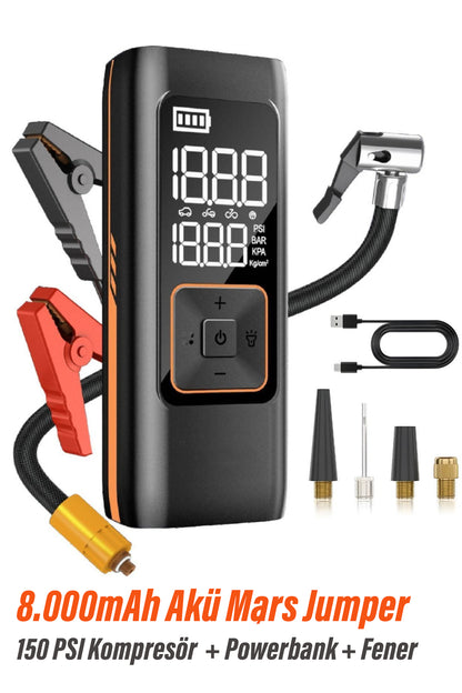 Akü Takviye Jump Starter 8000mAh Araç Marş Basma Cihazı Takviye Kompresör Lastik Şişirme Hava Pompası