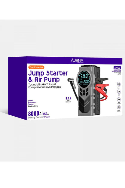 Akü Takviye Powerbak Marş Basma Cihazı 150 Psi Kompresör Pomba 8000mAh - 1000A Jump Starter