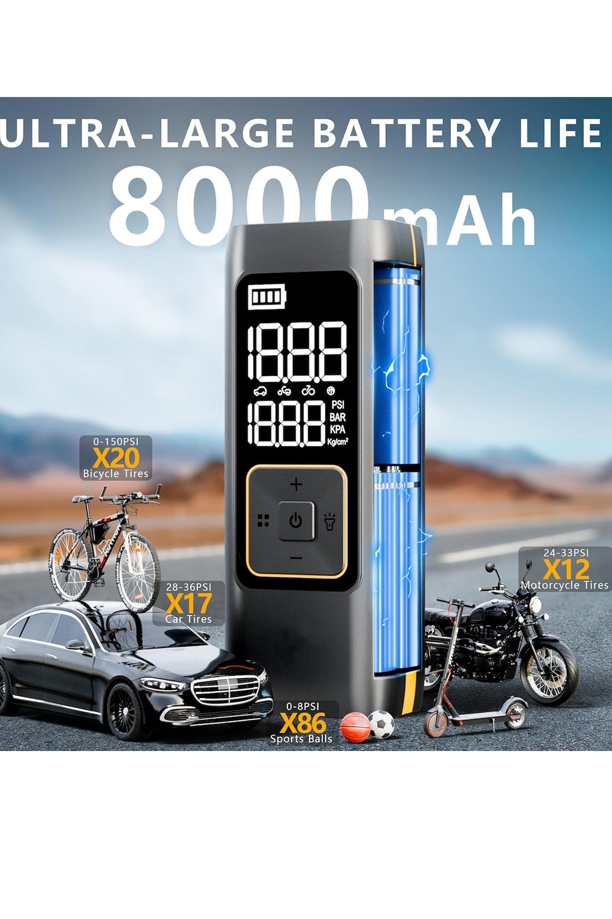 Akü Takviye Jump Starter 8000mAh Araç Marş Basma Cihazı Takviye Kompresör Lastik Şişirme Hava Pompası