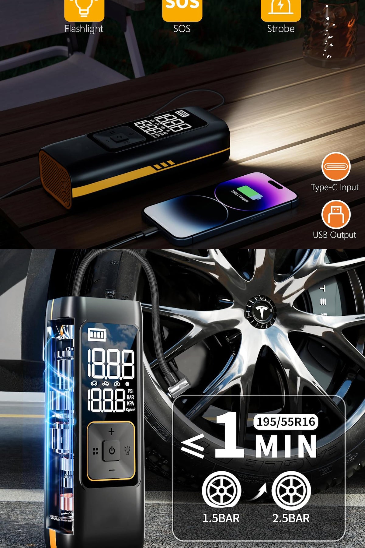 Akü Takviye Jump Starter 8000mAh Araç Marş Basma Cihazı Takviye Kompresör Lastik Şişirme Hava Pompası