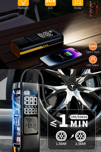 Akü Takviye Jump Starter 8000mAh Araç Marş Basma Cihazı Takviye Kompresör Lastik Şişirme Hava Pompası