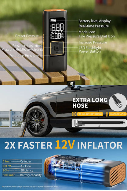 Akü Takviye Jump Starter 8000mAh Araç Marş Basma Cihazı Takviye Kompresör Lastik Şişirme Hava Pompası