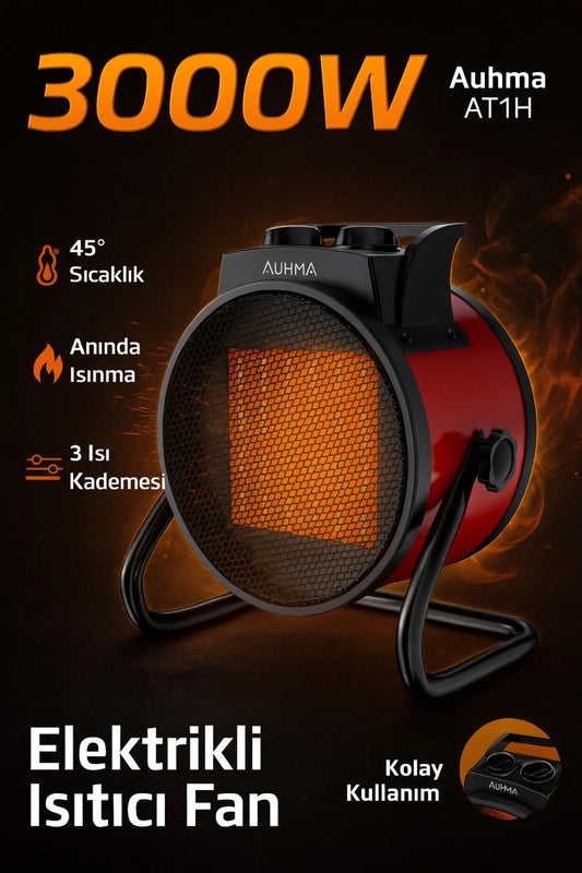 3000W Elektrikli Isıtıcı Fan - 3 Kademeli - 3 Saniyede Hızlı Isınmalı Üflemeli Fan - 45°C Isıtma