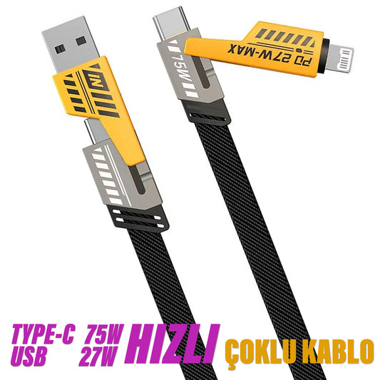 Çoklu Şarj Kablosu USB Type-C iPhone Lightning 4 in 1 Şarj Kablosu C75