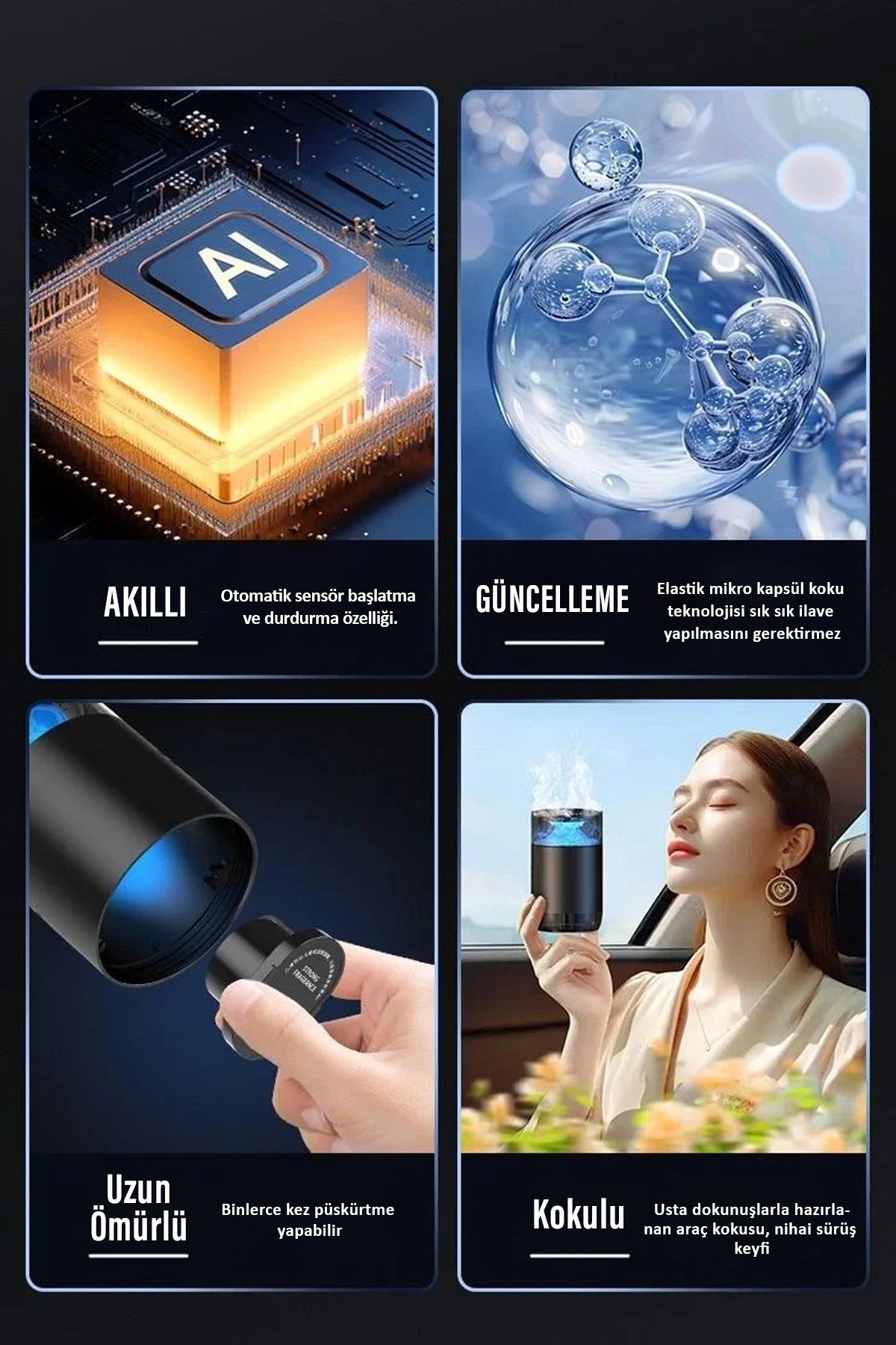 Araç Ev Ofis Otomatik Aroma Buharlı Sprey Cihazı Koku Difüzörü Şarjlı 800mAh Buharlı Koku Makinesi