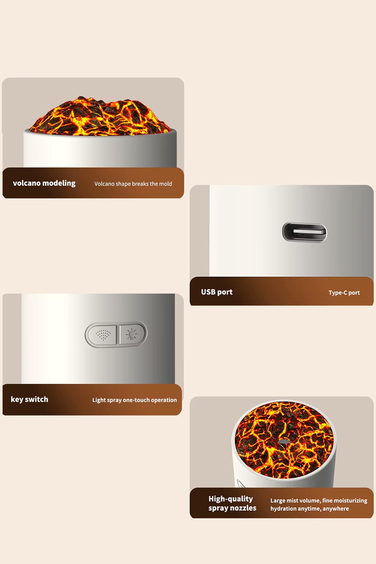 Volkanik Ultrasonik Hava Nemlendirici Led Işıklı Buhar Makinası Araç - Ev Aroma Difüzörü 280ml