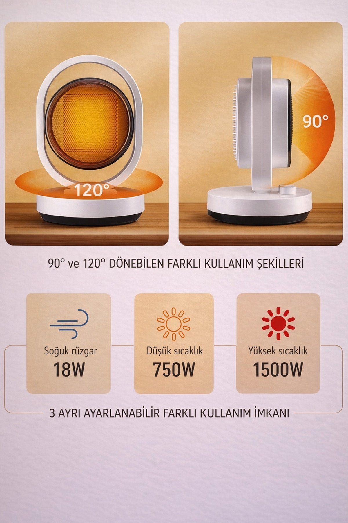 SUBZERO 1500W Fanlı Isıtıcı 120° Ayarlanabilir 3 Kademeli Sıcak-Soğuk Üfleme Elektrikli Isıtıcı