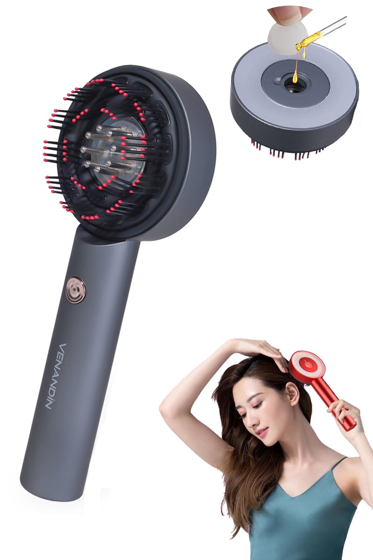 Saç Bakım Masaj Tarağı Şarjlı Yağ Aplikatörlü Saç Derisi Masaj Fırçası Kırmızı Işık Terapisi