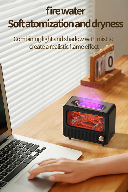 Alev Efektli Retro Hava Nemlendirici Odun Çıtırtı Sesli Aroma Difüzörü Ultrasonik Buhar Makinesi