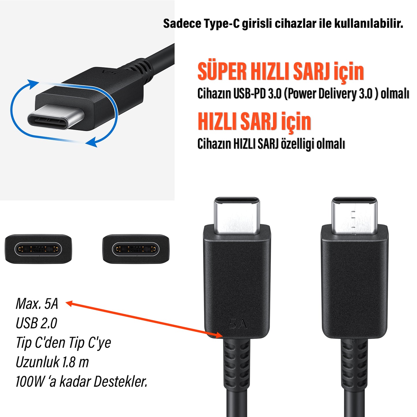 Samsung 45W DX510 Süper Hızlı Şarj Kablosu Orjinal Samsung Türkiye Garantili 1.8 Metre Uzun