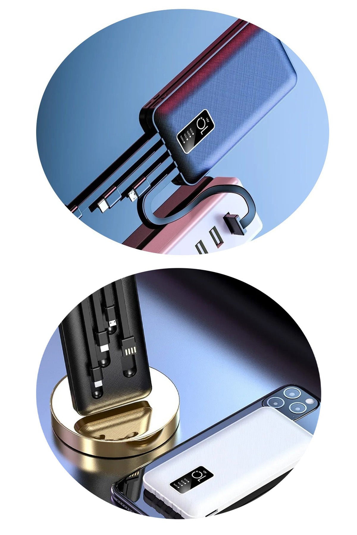 10.000 mAh Kendinden Kablolu Powerbank Hızlı Şarj Telefon Standlı Göstergeli Taşınabilir Şarj Cihazı
