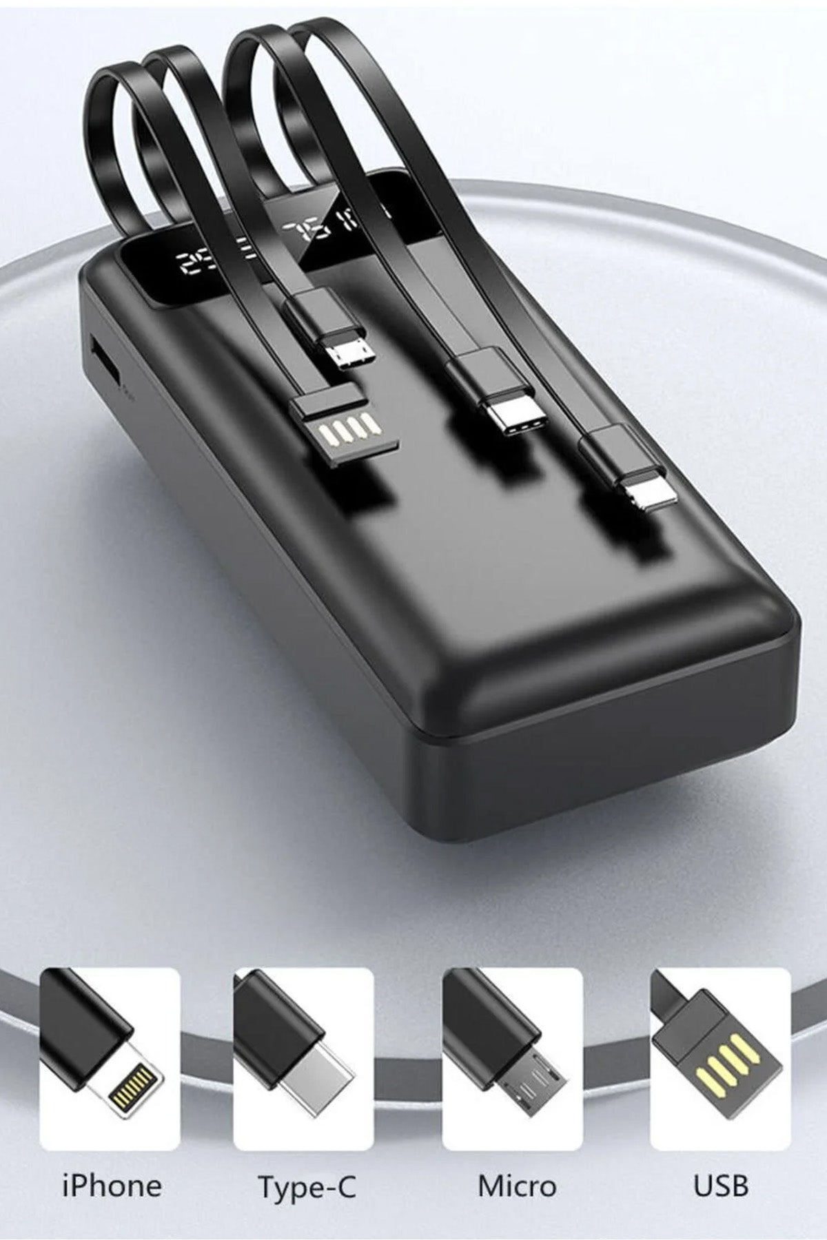 30000 mAh Kendinden Kablolu Powerbank Dijital Göstergeli Led Fener Hızlı Şarj Taşınabilir Şarj Cihaz