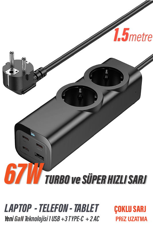 Priz + 45W Süper Hızlı - 67W Turbo Hızlı  Priz Çoklayıcı Uzatma Kablosu 1.5 metre