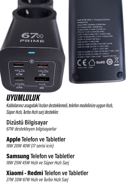 Priz + 45W Süper Hızlı - 67W Turbo Hızlı  Priz Çoklayıcı Uzatma Kablosu 1.5 metre