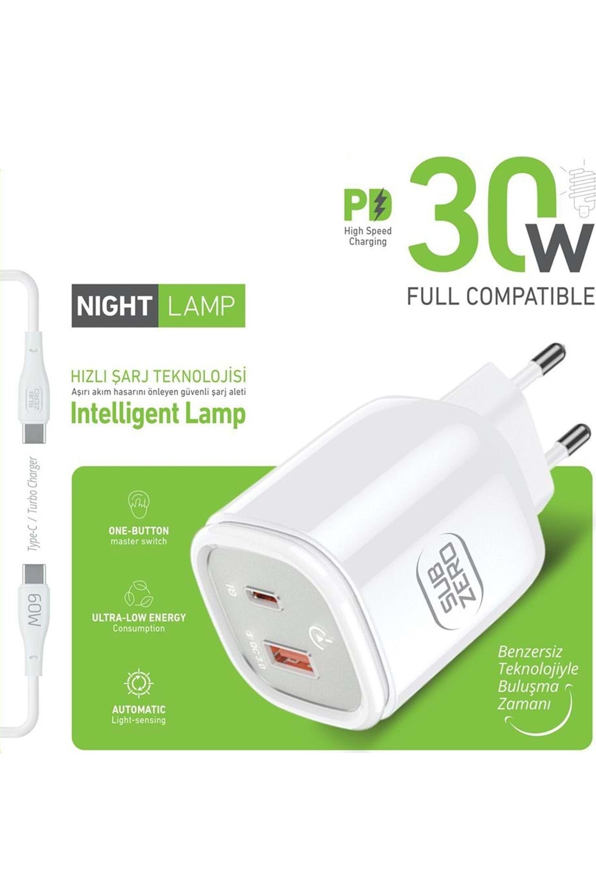 30W USB-C to Type-C / USB + PD Hızlı Şarj Aleti - Gece Lambası - Dokunmatik LEDLİ Şarj Aleti