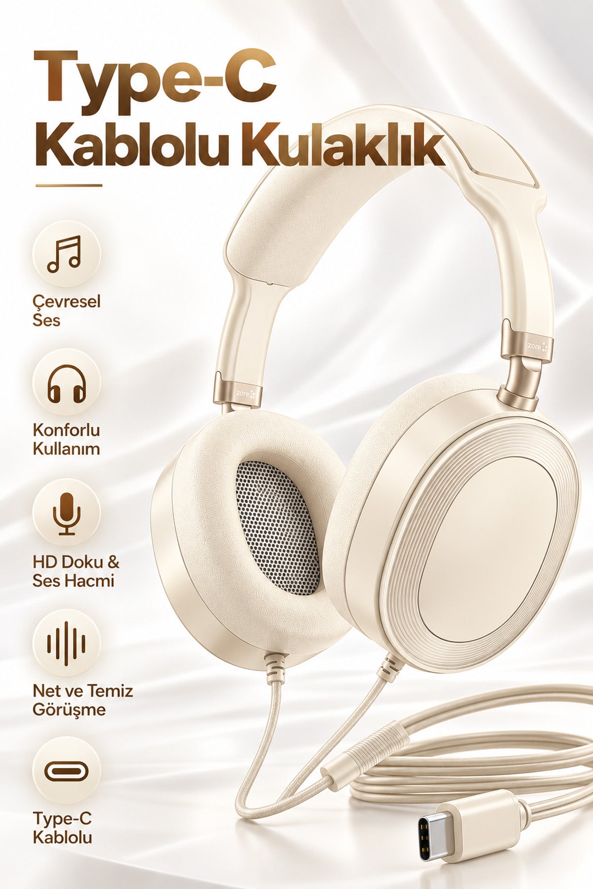 Type-C Kulak Üstü Kulaklık Telefon Tabletler Uyumlu 1.2M Mikrofonlu