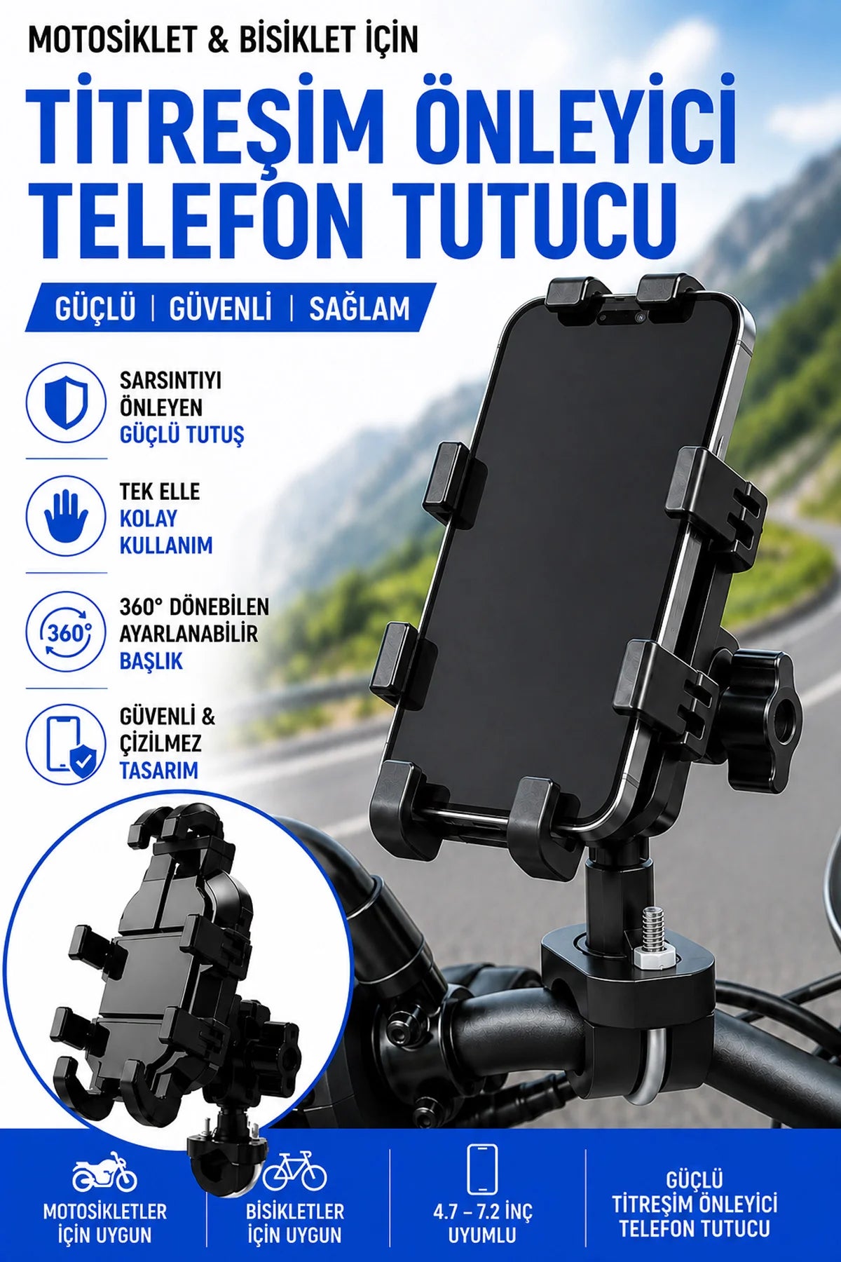 Motosiklet Titreşim Önleyici Motosiklet Telefon Tutucu Gidon Bağlantılı Motosiklet Scooter Bisiklet