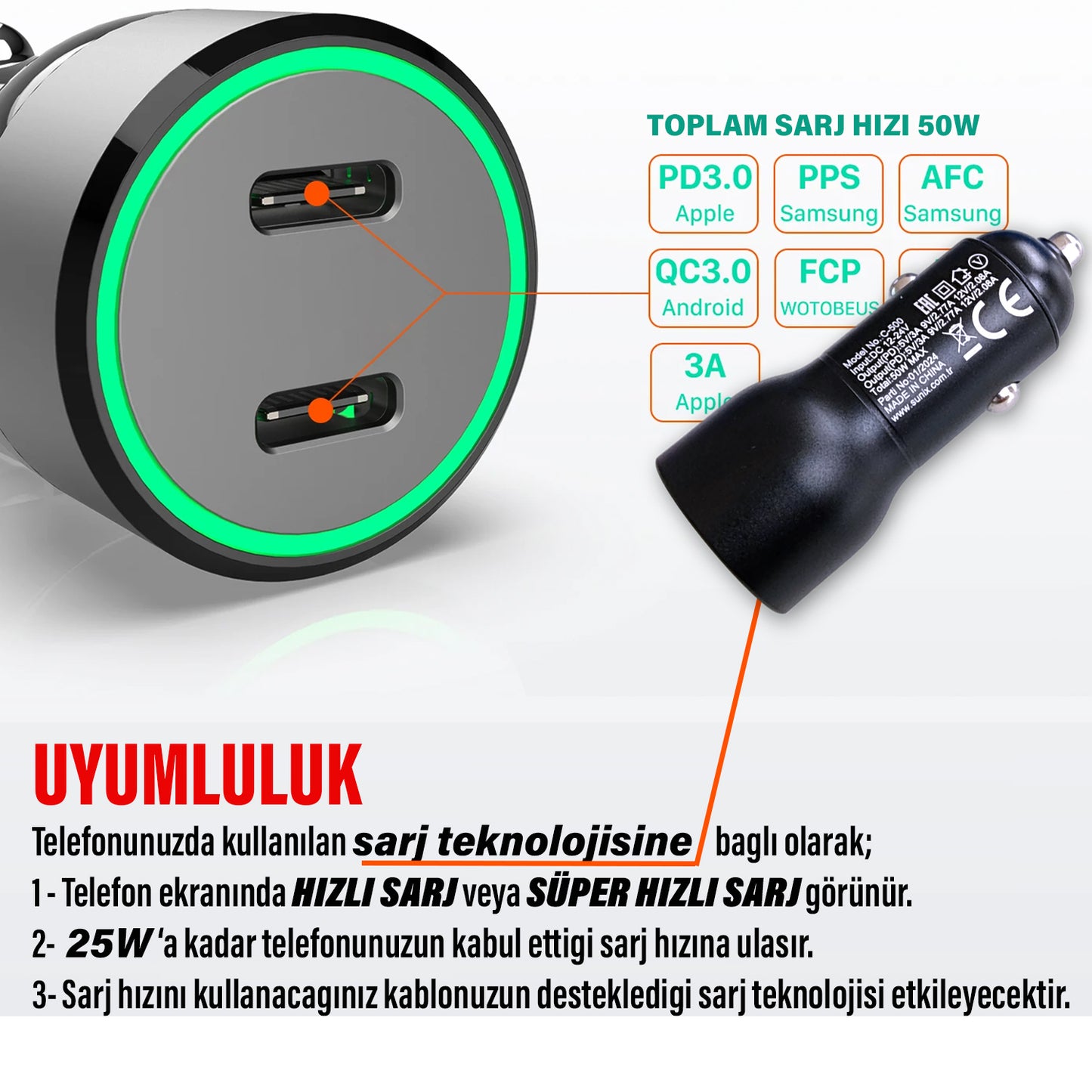 Hızlı Araç Şarj Aleti 25W Type-C Sunix C-500