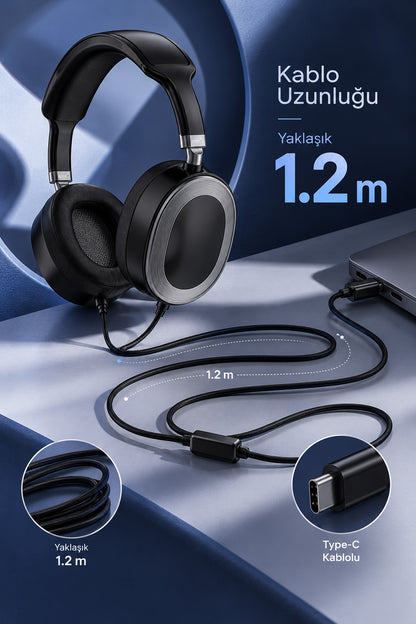 Type-C Kulak Üstü Kulaklık Telefon Tabletler Uyumlu 1.2M Kablolu Kafa Üstü Mikrofonlu Kulaklık